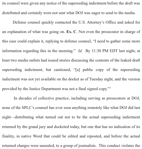 DavidLKeating's tweet photo. If true, as is likely, disgusting tactics by the DOJ in the SPLC case.

The superseding indictment given to the press last night was a draft!

I'm sure @whignewtons would never have done anything like that.

Link to the full brief below. https://t.co/Ka4S4ngu4M
