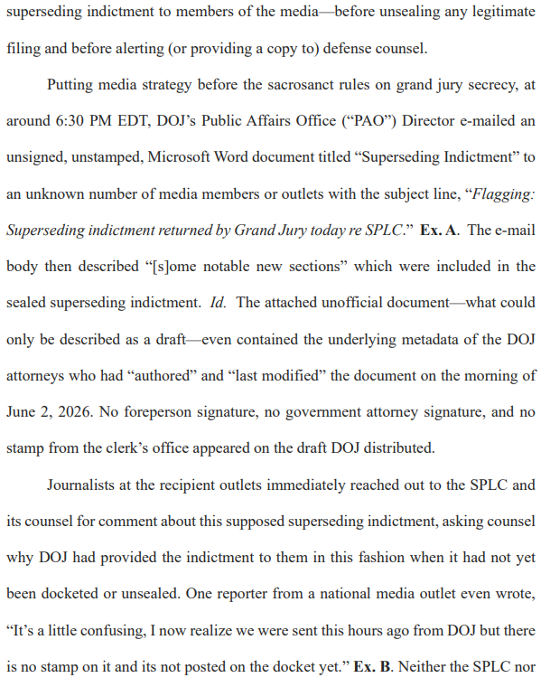 DavidLKeating's tweet photo. If true, as is likely, disgusting tactics by the DOJ in the SPLC case.

The superseding indictment given to the press last night was a draft!

I'm sure @whignewtons would never have done anything like that.

Link to the full brief below. https://t.co/Ka4S4ngu4M