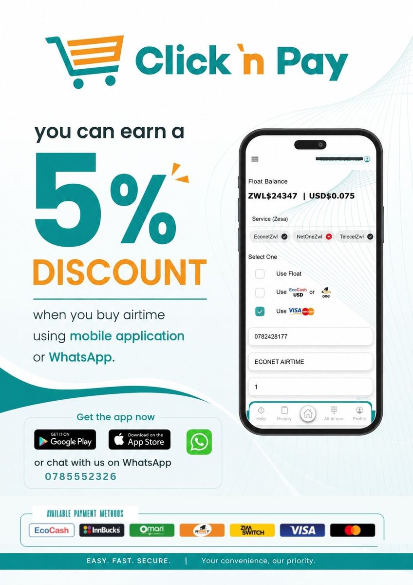 ClicknpayZ's tweet photo. Download the ClicknPay Africa Mobile Apo or Say Hi to WhatsApp 0785552326 to enjoy a 5% discount. https://t.co/gTiGBns1NZ
