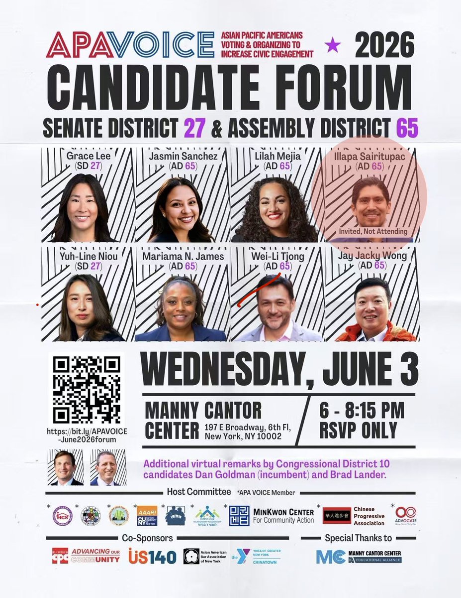 ycinnewyork's tweet photo. It’s a disgrace that the Mayor’s endorsed candidate @illapaNYC can’t bother to show up at the Asian coalition sponsored Candidate Forum. AD65 includes representing Chinatown. https://t.co/rPdds3PErB