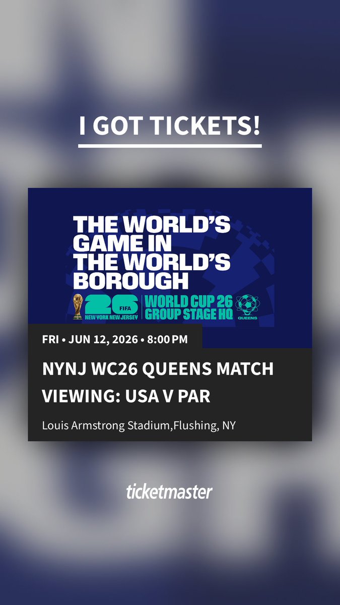 adricbb's tweet photo. I got tickets for NYNJ WC26 Queens Match Viewing: USA V PAR - Louis Armstrong Stadium - Fri • Jun 12, 2026 • 8:00 PM. Who's in?

https://t.co/sc6kRPLrVW https://t.co/hgh0isYucW