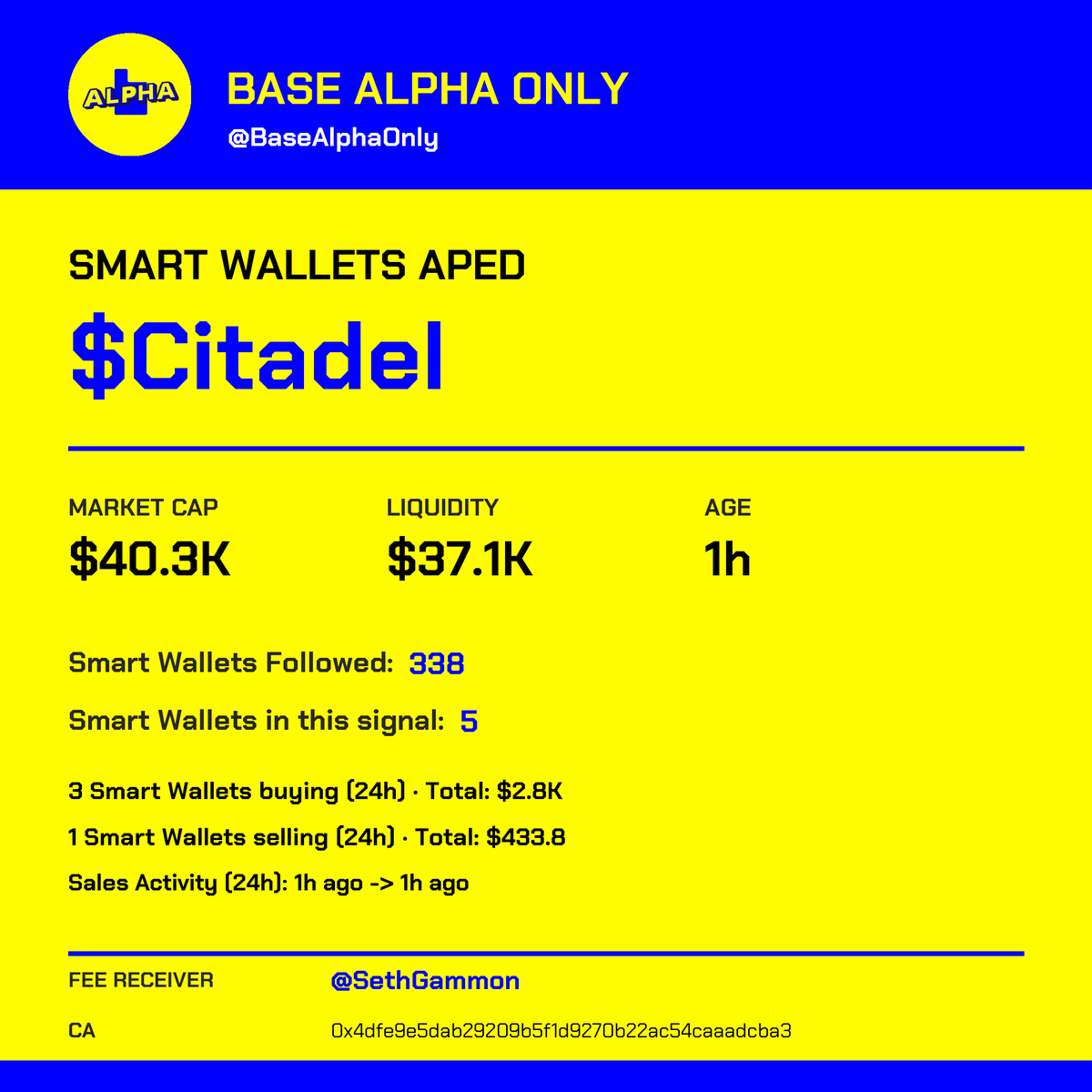 BaseAlphaOnly's tweet photo. Smart money is accumulating this one

🪙 $Citadel | 📈 MC: $40.3K | 📅 Age: 1h
🏭 Factory: Bankr | 💧 Liquidity: $37.1K

🇺🇸 Fee receiver: SethGammon https://t.co/Li1EE7zgnD
