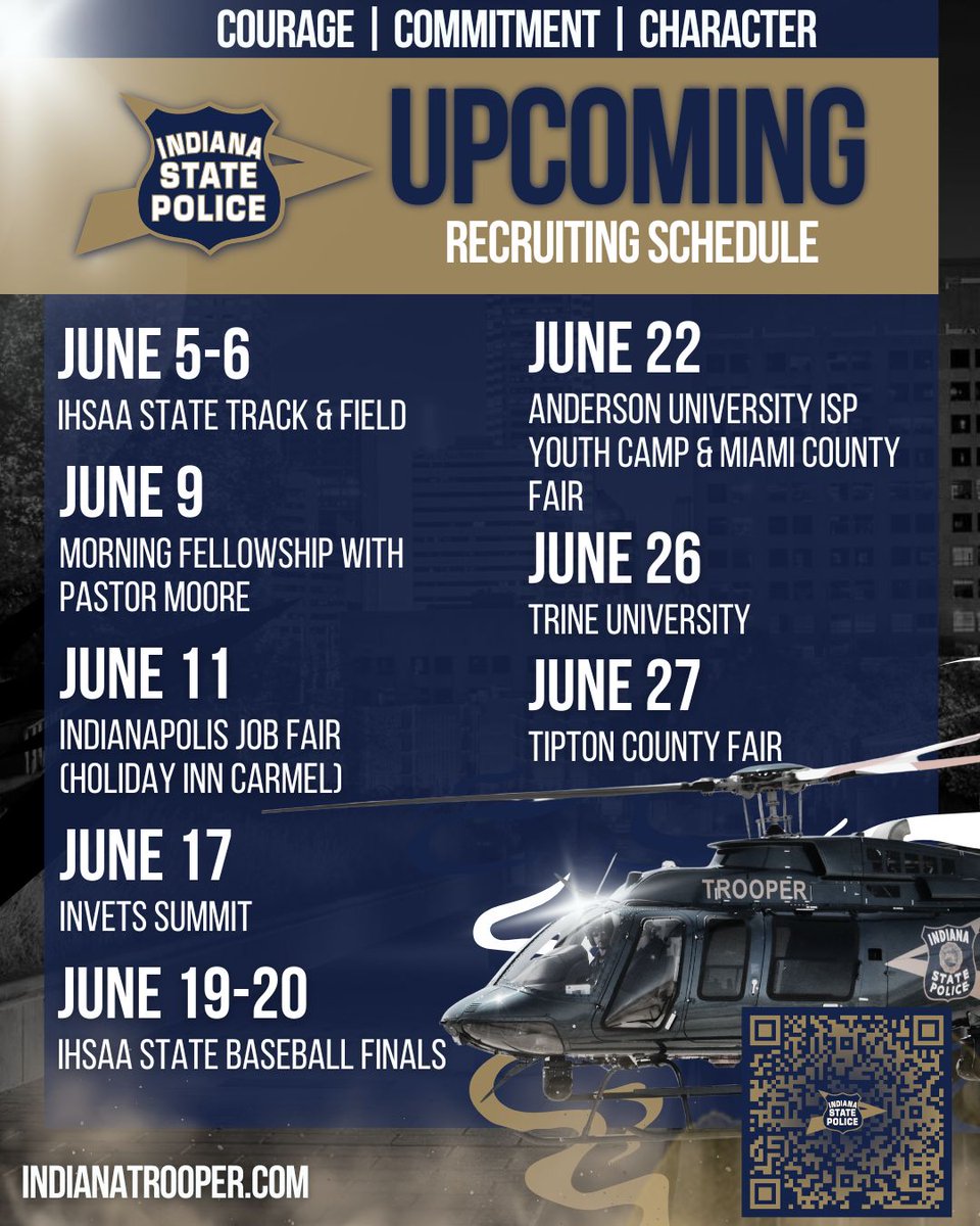 ISPRecruiting's tweet photo. 👀Looking ahead! Here’s where you can find us! Join us at an event to connect with our recruiters and learn more about careers with the Indiana State Police 💙🚔

#IndianaStatePolice #endlessopportunities https://t.co/O81gVUhnEA