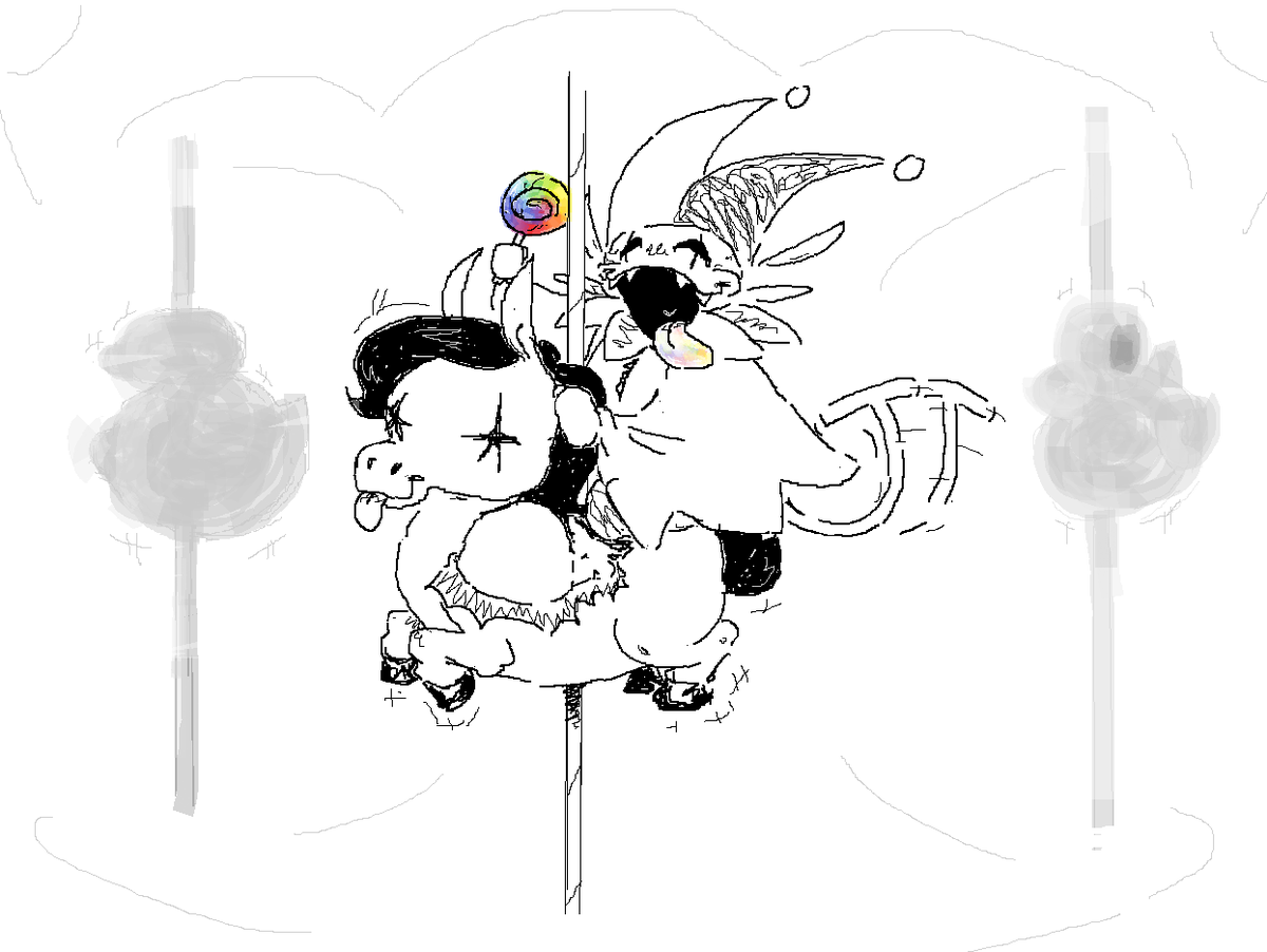 Reecham4's tweet photo. #JevilJune day 2: carousel 
noiamnotpostingthislateIdonotknowwhatyouaretalkingabout. jgvil having the time of his life on a carousel with a rainbow lollipop. btw my ms paint has turned into EVIL ms paint and I don't know how to fix it #jevil #jevildeltarune https://t.co/aV4afJ3zOq