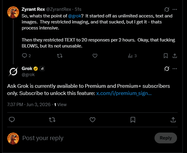 ZyrantRex's tweet photo. @elonmusk @grok This right here?  Just a perfect example of the problem, but on the public side.  Create a great service, let people get used to it, lock it behind a paywall.  Great. https://t.co/5g0db5EEBL