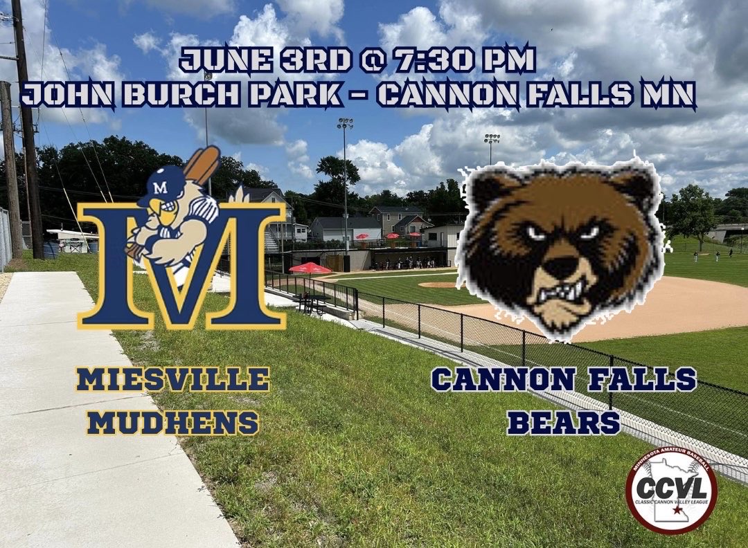 CF_Bears's tweet photo. 🚨BEARS GAMEDAY🚨

🆚 - @Head_Hen 
⏰ - 7:30 PM
 📍- Cannon Falls, MN
🏟️ - John Burch Park

We host the Mudhens for a Wednesday night CCVL matchup! 

$1 foul balls and FREE ADMISSION courtesy of Haggerty Insurance!

#HumBears https://t.co/gdgoTcI8OP