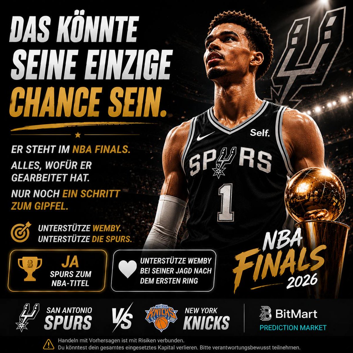 BitMart_DE's tweet photo. Was, wenn dies wirklich sein Moment ist?
Mit nur 22 Jahren hat Victor Wembanyama die NBA Finals erreicht.
Nur eine Frage bleibt:
Bist du bereit, darauf zu setzen, dass er den Gipfel erreicht?
🏆 Unterstütze Wemby
🏆 Unterstütze die Spurs
https://t.co/ehMRVPkjE4 https://t.co/22nw928bJ3