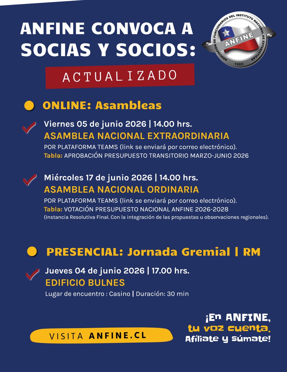 AnfineChile's tweet photo. 📢 Revisa el calendario actualizado de ANFINE con las próximas actividades programadas

📍 ANFINE invita a sus socias y socios a participar activamente en las próximas instancias gremiales, tanto online como presenciales.

https://t.co/EqSRuqhYc7 https://t.co/nhToLpDpM4