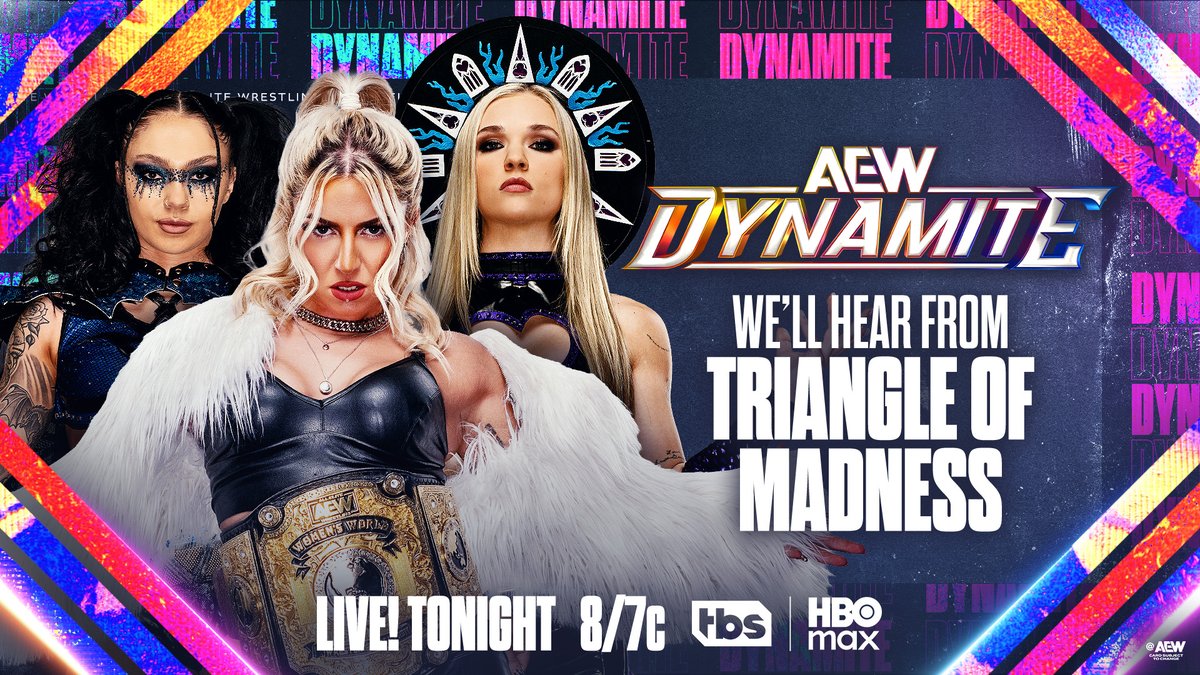 AEW's tweet photo. #AEWDynamite
8/7c, TBS &amp; HBO Max
TONIGHT!

We'll Hear from
AEW Women's World Champion
@Toxic_Thekla/@SkyeByee/@TheJuliaHart

Even with Skye in the #OwenCup, the Triangle of Madness has proved that they're more cohesive than ever!

We'll hear from Thekla, Skye &amp; Julia, TONIGHT! https://t.co/2lGXxdc7sn