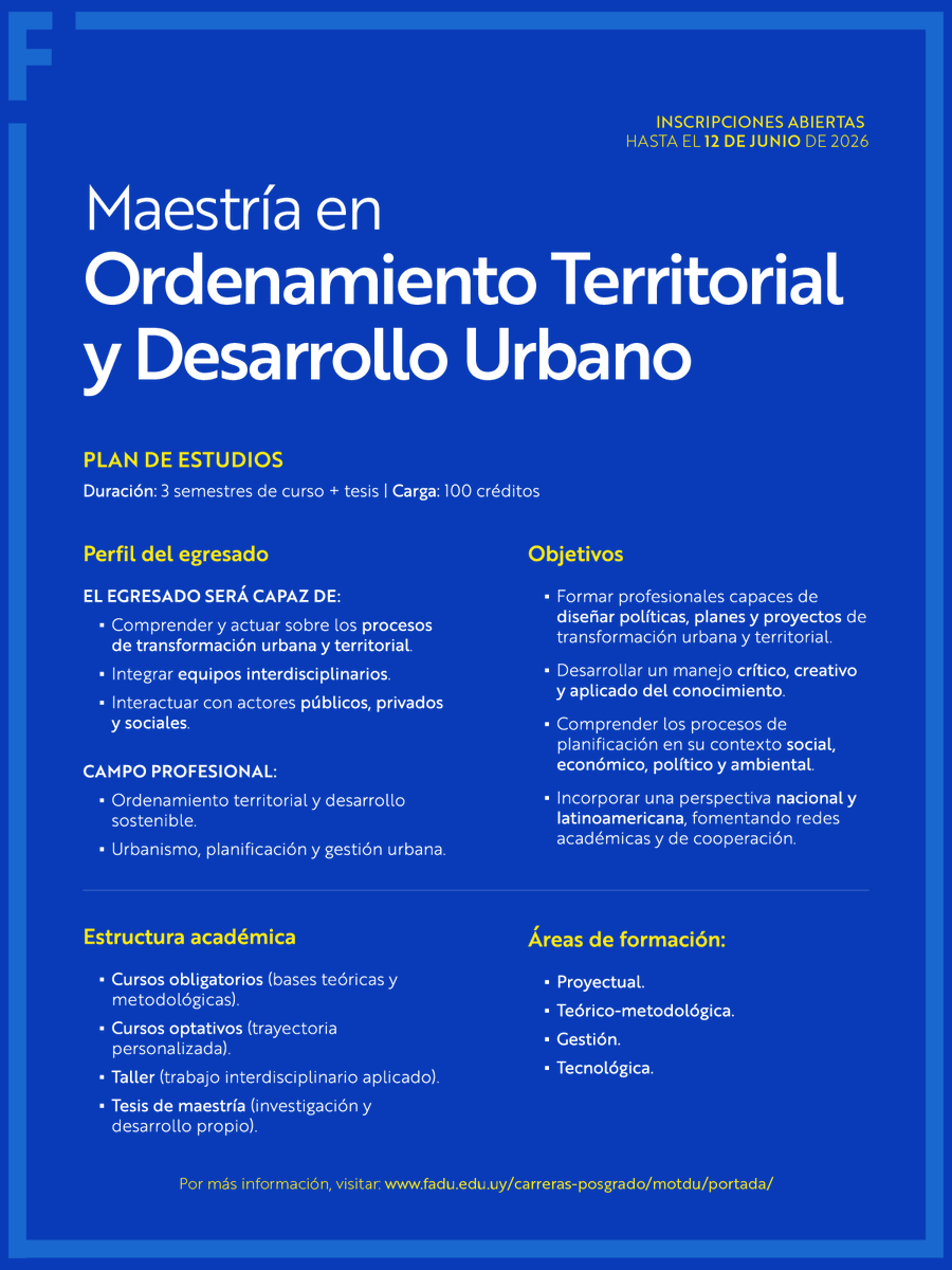 S_Schelotto's tweet photo. Las inscripciones siguen abiertas hasta 12 de junio! 
Una oportunidad de formación especializada para graduados de diferentes carreras, para especializarse en desarrollo urbano y ordenamiento territorial.
Oportunidad que se abre cada dos años.
Los cursos 2026 empiezan en agosto! https://t.co/pk8ijiwaFf