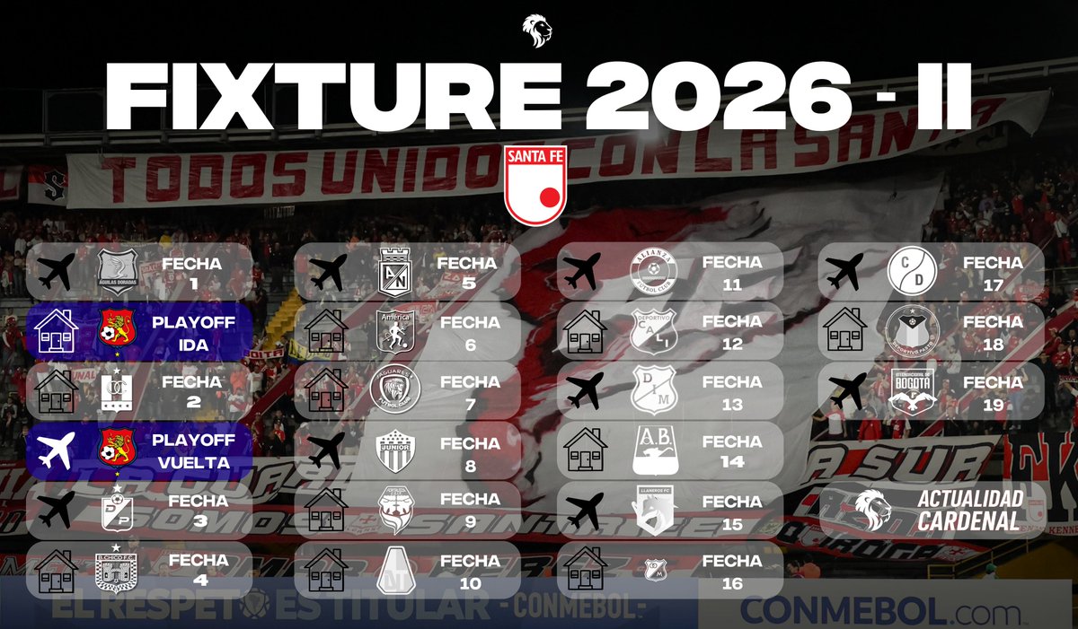 InfoCardenal10's tweet photo. ✅ ¡Listo el Fixture del segundo semestre de este 2026 para Santa Fe! 🇮🇩
📅 Fechas y horas de los partidos de Liga por confirmar.