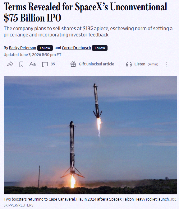 qwe203096262's tweet photo. Breaking 🚨: SpaceX is going public at $135 a share, targeting a $1.75 trillion valuation with 555,555,555 shares up for grabs. https://t.co/nRFwolck9m