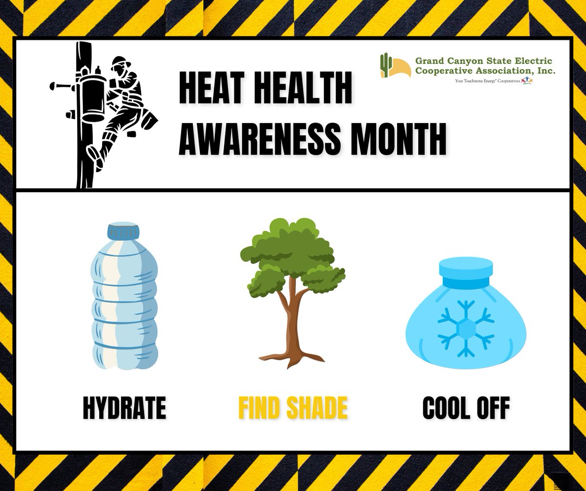 gcseca's tweet photo. ☀️ During Heat Health Awareness Month, we salute the lineworkers who power through extreme temps! 💪 They stay safe with hydration, shade, and smart breaks—so your power stays on, even when the heat is on. 💧⚡ #HeatHealth #LinemanStrong https://t.co/mXU4BTlRju