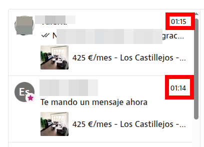 MarcosBL's tweet photo. a las 01:14 y 01:15 tenía ya dos contactos, el primero de las 01:14 estaba en el whatsapp un minuto después pidiendo cita para verlo y señarlarlo.

- 5 minutos entre publicación del anuncio y reserva
- A las 01:00 AM
- 19 contactos en los 5 minutos siguientes (y porque lo cerré) https://t.co/MbHB2qg1nn