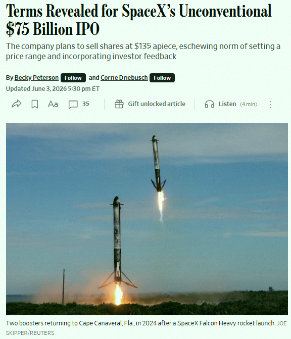 Vyan_love27's tweet photo. Breaking 🚨: SpaceX $SPCX plans to IPO at $135 per share, aiming for a $1.75 trillion valuation, with 555,555,555 shares up for grabs. https://t.co/rGuNEH3TFc