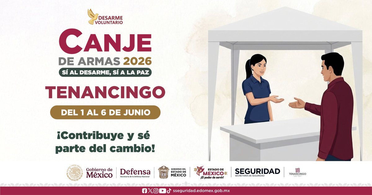 SS_Edomex's tweet photo. #Tenancingo 📍
Súmate al #CanjeDeArmas2026 y ayuda a construir espacios seguros para las familias mexiquenses.
Consulta la ubicación del módulo:
📌 https://t.co/MuONAtAETo https://t.co/efgqpGxjIf