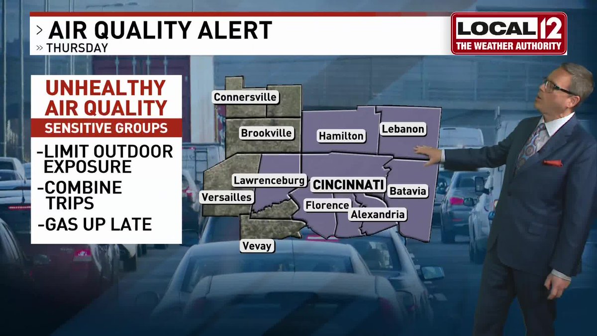 JohnGumm's tweet photo. ⚠️ Air Quality ALERT ⚠️ for the #Cincinnati area on Thursday! Limit your time outdoors if you have a respiratory ailment like asthma, emphysema or COPD, etc. Ground level ozone levels are expected to become hazardous for these folks. @Local12 https://t.co/wAt1Cq2Jnt