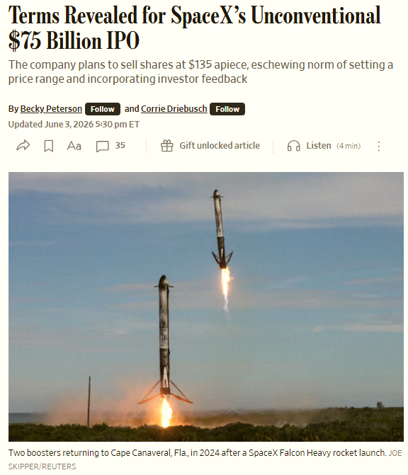 HappySprimp's tweet photo. Big news 🚨: SpaceX is going public at $135 per share, aiming for a $1.75 trillion valuation and offering 555,555,555 shares. https://t.co/rxurm052KK