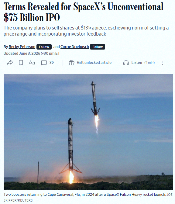MaxenceDeBlock's tweet photo. Breaking 🚨: SpaceX is going public at $135 per share with a $1.75 trillion valuation. They're offering 555,555,555 shares up for grabs. https://t.co/XInnveo0uv