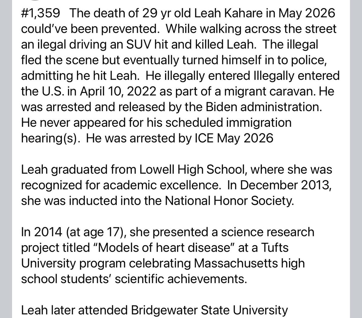 howmanyare2many's tweet photo. HOW MANY ARE TOO MANY?

Did you ever hear about Leah’s preventable death?  Of course not, that’s why I do this.

I’ve now posted the deaths of 1,359 people killed or allegedly killed by an illegal.  MSM doesn’t report them because it doesn’t fit their ideology.

Another illegal in custody, not deported and was then able to kill Leah.  Look at how many of the 1,359 preventable deaths I’ve posted were committed by an illegal that was previously arrested and/or deported.

Please repost so Leah isn’t forgotten and inform people of her preventable death.

I’m not making money do this, I’m not writing a book, I’m not making a documentary, etc.  There’s nothing in this for me.  I see what’s happening to our country and I’m trying to do something about it.  

I post a photo of the victim so you can see that these preventable deaths happened to real people, to real children &  families that had their lives taken from them by someone illegally in our country.

@RepMarkHarrisNC  @KatieZacharia  @RepBrandonGill @clmuseum  @JordanBrace8 @leslibless  @PatriotGal480 @poconomtngirl   @browngravy_93  @GeorgeEliseo  @greyman7107  @ZeroDarkKitty