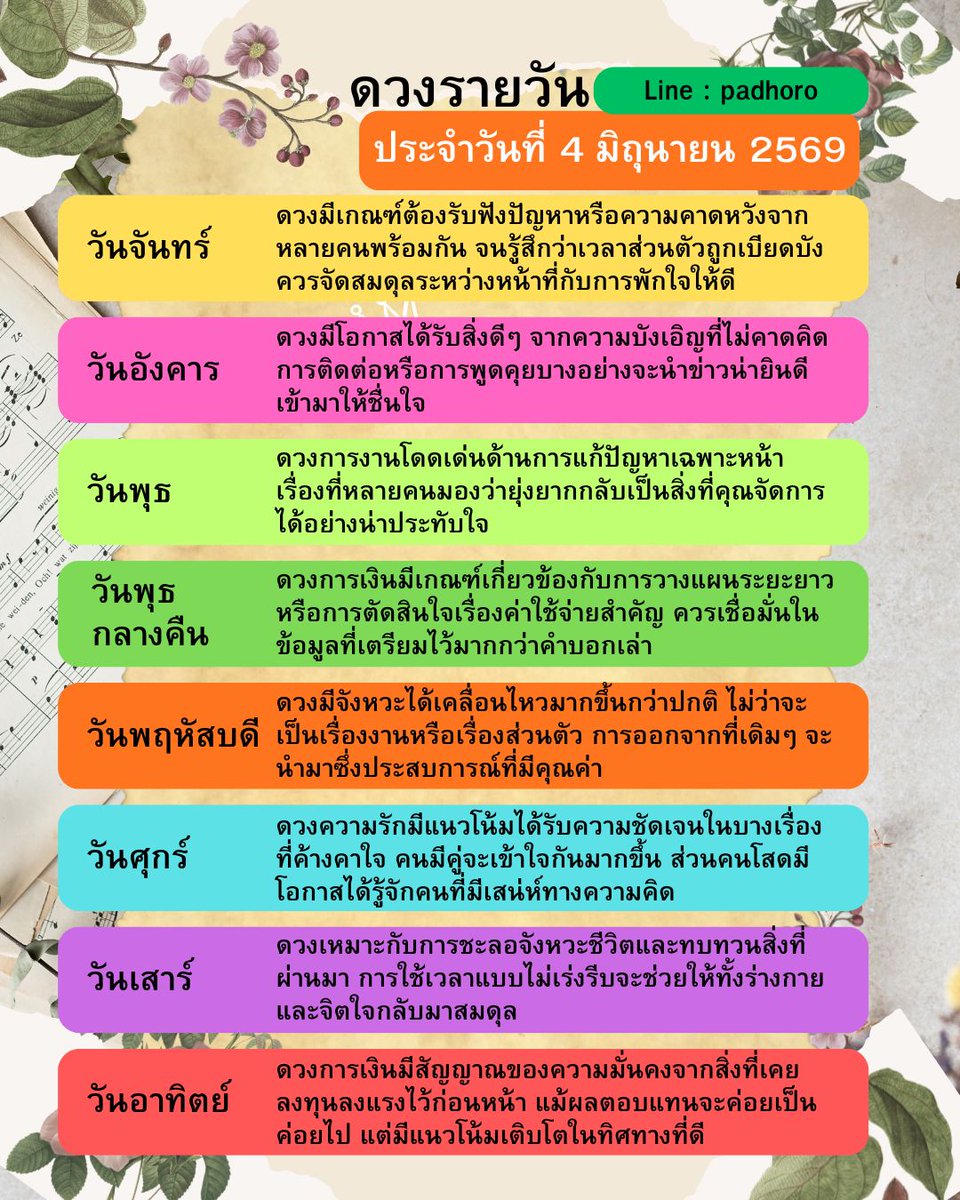 padhoro's tweet photo. ดวงวันนี้ประจำวันที่ 4 มิถุนายน 2569
สอบถามรายละเอียดการดูดวงได้เลยครับ
  
#ดูดวง #หมอดู #อาจารย์พัฒ #ไพ่ยิปซี #ดวง https://t.co/UrWLRWO6DG