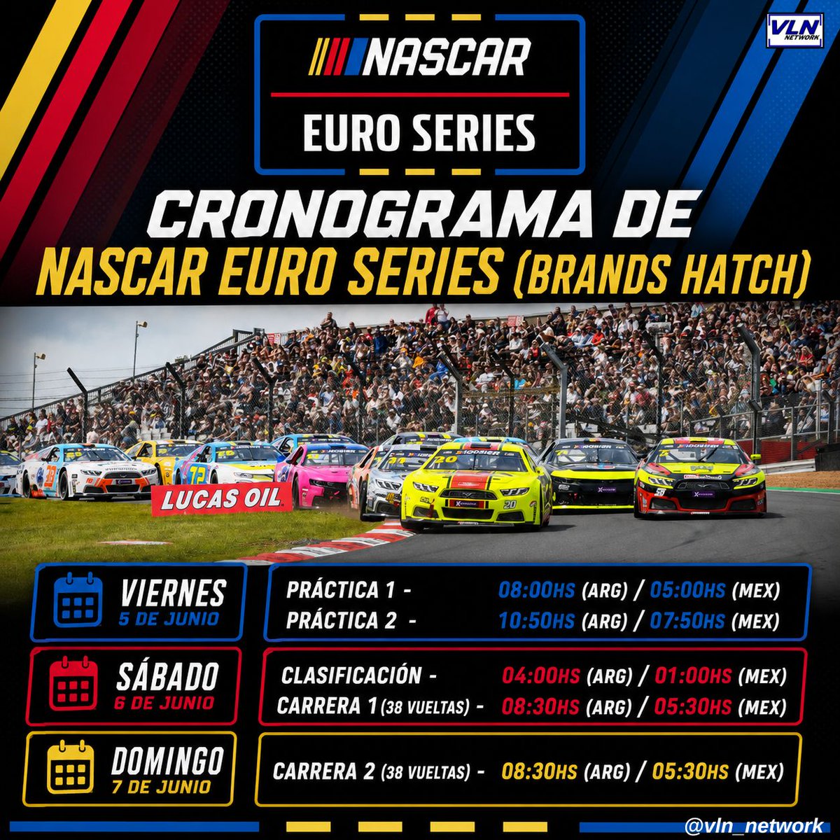 VLN_network's tweet photo. #NASCAREuro // CRONOGRAMA PARA BRANDS HATCH🕒

🏴󠁧󠁢󠁥󠁮󠁧󠁿 La serie europea tendrá su tercera fecha de la temporada en el trazado clásico británico.

✅ Sus actividades empezarán el viernes y con las dos carreras tanto el sábado como domingo. https://t.co/UpfGSQl0P6