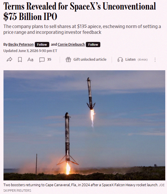 reiya3z3's tweet photo. Breaking: SpaceX ($SPCX) is going public at $135 a share 🚀 Targeting a $1.75 trillion valuation with 555,555,555 shares up for grabs. https://t.co/KXL7GApIht