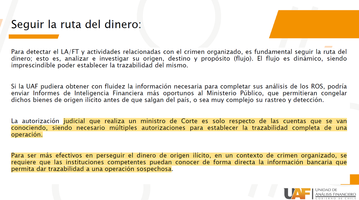 RAlvarQ's tweet photo. Seguir la ruta del dinero. Sería "más efectivo" para perseguir el origen ilícito que se pueda conocer la información bancaria directamente. O sea, alzamiendo del secreto. Lo dice la UAF. Avisen a Johannes Kaiser y Karla Rubilar. https://t.co/1zvsVktcQB
