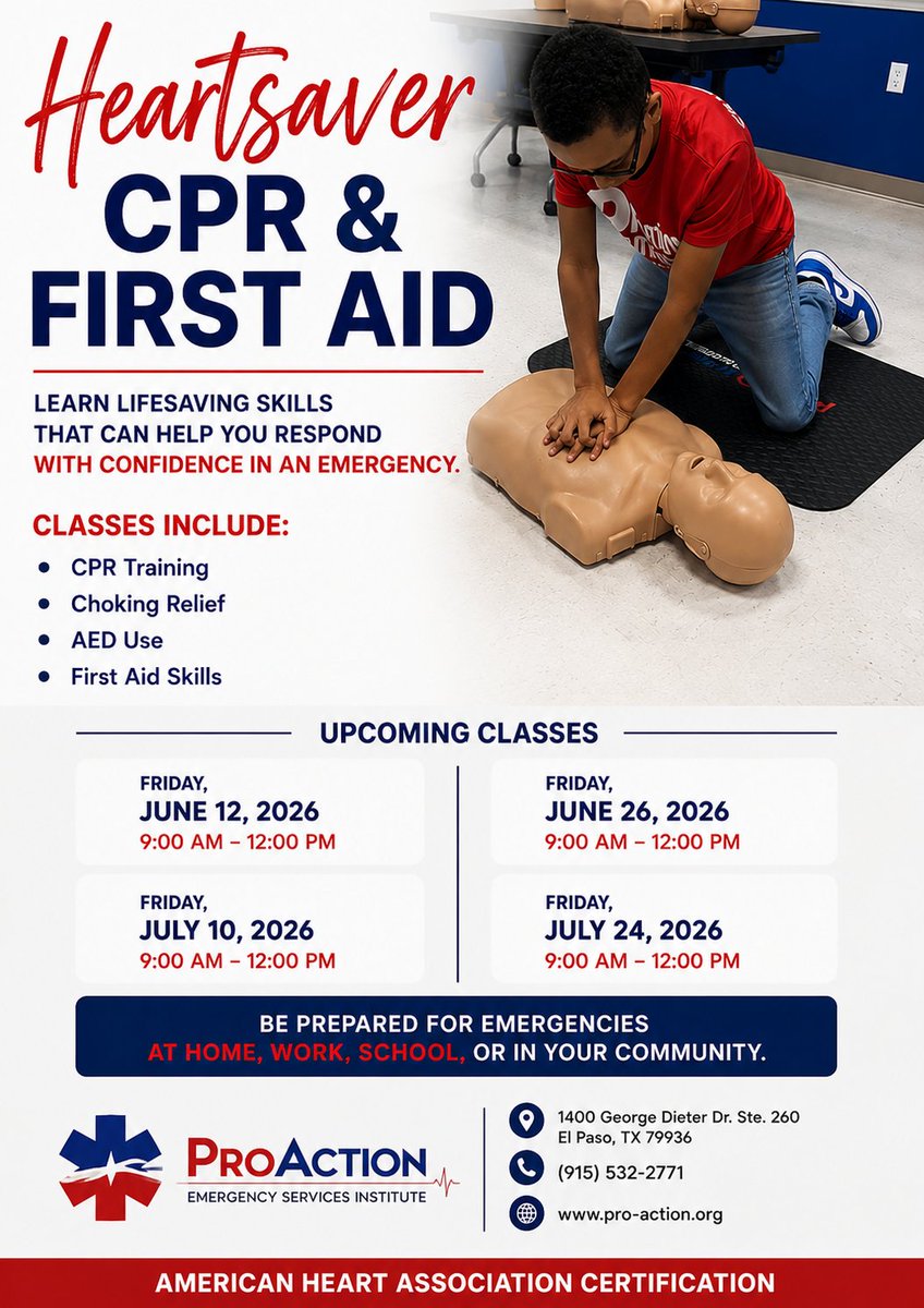 ProActionEMS's tweet photo. This CPR Week, learn CPR and essential first aid skills that can help you respond when every second counts.

Get certified this week and save $10 on a CPR class with code HEART. Offer valid through August 1.

You never know when your training could help save a life. https://t.co/WuvDFVbKWI