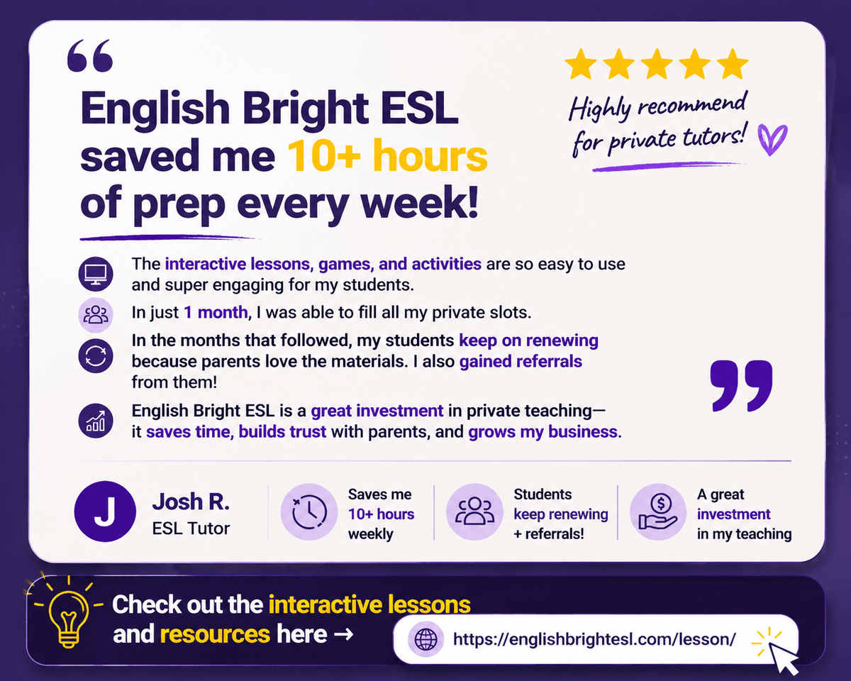 EnglishE4680's tweet photo. English Bright ESL saved me 10+ hours weekly!’ – Josh, ESL Tutor 🎉
Engage students &amp; grow your teaching business → https://t.co/avtYZrz5LT 

#ESLTeachers #EnglishBrightESL #InteractiveLessons #OnlineTeaching #TeacherLife https://t.co/ZYWNmwjHI8