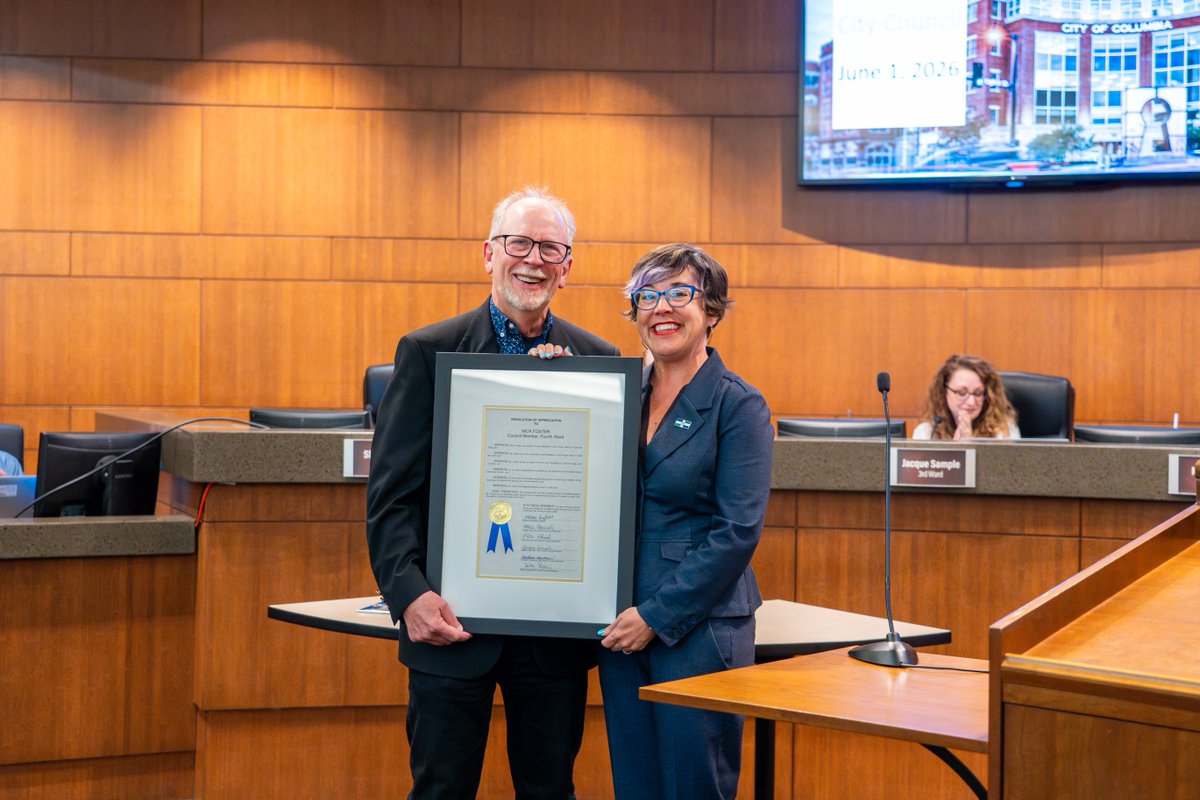 CoMoGov's tweet photo. After 4+ years serving Columbia, Ward 4 Council Member Nick Foster bids farewell. Thank you, Nick, for your leadership and kindness. 💙 #CityOfColumbia #CommunityLeadership #CityCouncil #LocalGovernment #KindnessBuildsCommunity #WeAreCoMo https://t.co/S9QXKahyAG