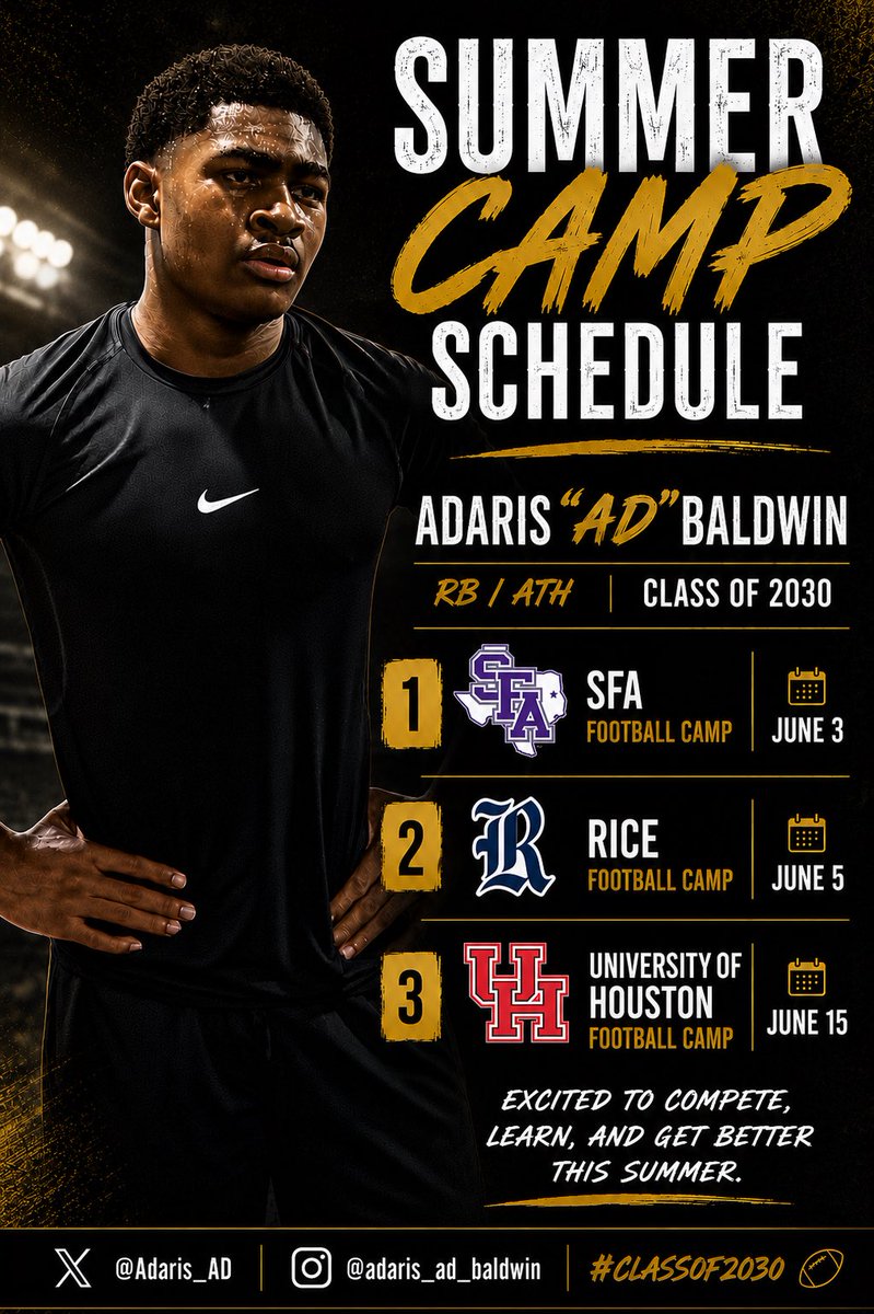 Adaris_AD's tweet photo. Camp schedule locked in. 🏈

📍 @SFA_Football – June 3
📍 @RiceFootball – June 5
📍 @UHCougarFB – June 15

Excited to compete and learn from great coaches. The work continues https://t.co/rchwejeMvF
