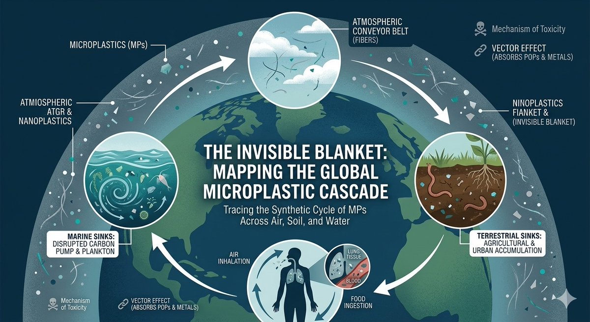 positive_policy's tweet photo. The Invisible Blanket: The Global Cascade of Microplastic Pollution 🌍🔬

For decades, we viewed plastic pollution as a visible crisis of choked beaches and ocean garbage patches. But the true threat is much smaller—and far more insidious.

Here is how microplastics are permanently altering our planet and our health:

1️⃣ 🛑 A Permanent Threat: Plastic doesn't truly decompose; it just fragments into microplastics (<5mm) and nanoplastics, establishing a permanent, endlessly cycling presence across our planet.
2️⃣ ⚖️ A Staggering Scale: Every single year, an estimated 10 to 40 million tons of microplastics are emitted into the global environment, infiltrating every major ecosystem on Earth.
3️⃣ 🧪 The Toxic Cocktail: These microscopic fragments are a mix of synthetic chemistry—everyday polymers like PET (clothing fibers/bottles), PE/PP (packaging), and PS (foam containers).
4️⃣ 🌱 Choking Our Soils: It’s not just an ocean problem. Topsoils are acting as massive sinks for microplastics, altering water flow, stunting plant roots, and physically damaging vital fauna like earthworms.
5️⃣ 🌬️ The Atmospheric Conveyor Belt: Tiny synthetic fibers act as an "invisible blanket" in our ambient air, hitching rides on wind currents to reach pristine, uninhabited regions like remote mountain peaks and Arctic glaciers.
6️⃣ 🩹 Physical & Chemical Harm: When ingested by wildlife, microplastics cause internal abrasions and false satiety (starvation). Worse, manufacturing chemicals—like flame retardants—leach directly into biological tissues.
7️⃣ 🧽 The "Vector Effect": Because they act like tiny toxic sponges in the water, microplastics absorb heavy metals and pollutants, delivering highly concentrated doses of toxins straight up the food chain.
8️⃣ 🌡️ Accelerating Climate Change: By harming microscopic marine life like phytoplankton, microplastics disrupt the ocean's biological carbon pump, diminishing the planet's natural ability to sequester carbon.
9️⃣ 🩸 The Human Breach: The environmental crisis has become a human health crisis. Through the air we inhale and the food we eat, microplastics have successfully breached our biological barriers, and are now detected in human blood, lungs, and major organs.

Environmental health and human health are bound to the exact same synthetic cycle. It's time to rethink our relationship with plastic.

#Microplastics #EnvironmentalScience #ClimateChange #PlasticPollution #Sustainability #EcoToxicity #EarthScience #PublicHealth
