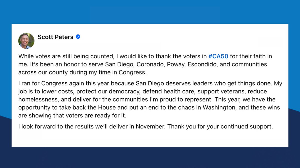 ScottPetersCA50's tweet photo. I am thankful to the voters in CA-50 for their continued support. I look forward to the results we'll deliver together in November. https://t.co/w9R7Tz0zdb