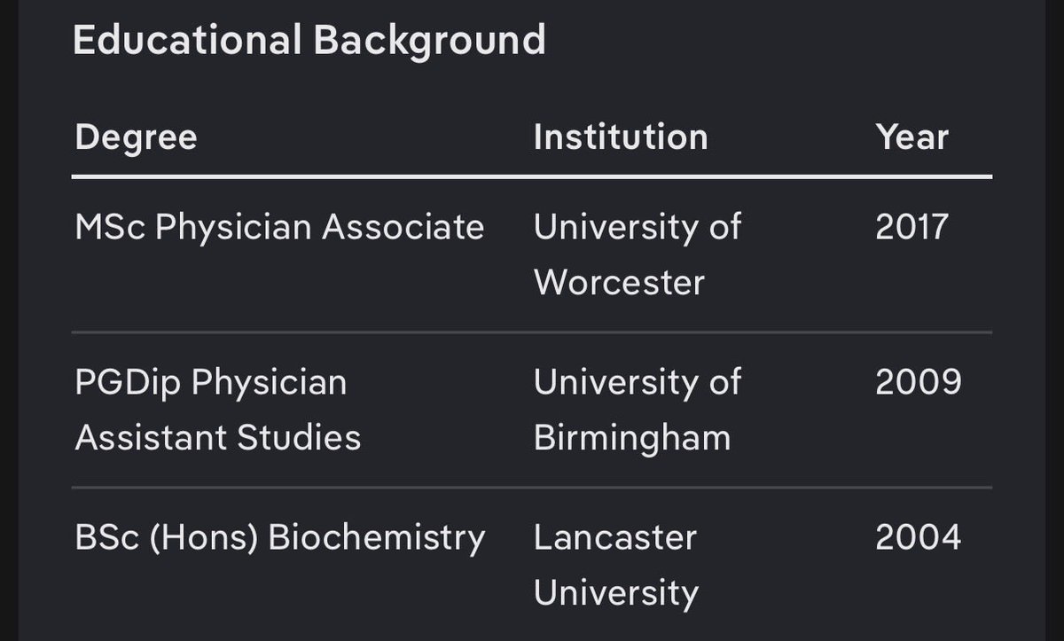 Anisocyte's tweet photo. @Alison6123 @medicalmodelbri @BSMSMedSchool She has an MSc. 
It’s the questionable “top up” MSc where you write an essay and hey presto! Add the credits to your PGDip to “upgrade”.

And then become an instant professor by setting up another dubious course.

The whole PA debacle makes serious academia look like a joke. https://t.co/4ynmepzbKA