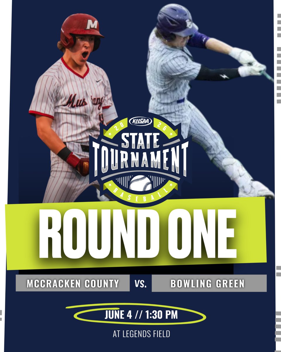 KHSAA's tweet photo. Game two of the 2026 KHSAA Baseball State Tournament, at 1:30 P.M., puts the spotlight on McCracken County (31-8) vs. Bowling Green (34-5).  Bowling Green has won 22 Regional Championships, while McCracken County has captured every 1st region crown since 2014. #khsba https://t.co/jEpbgU1GGT