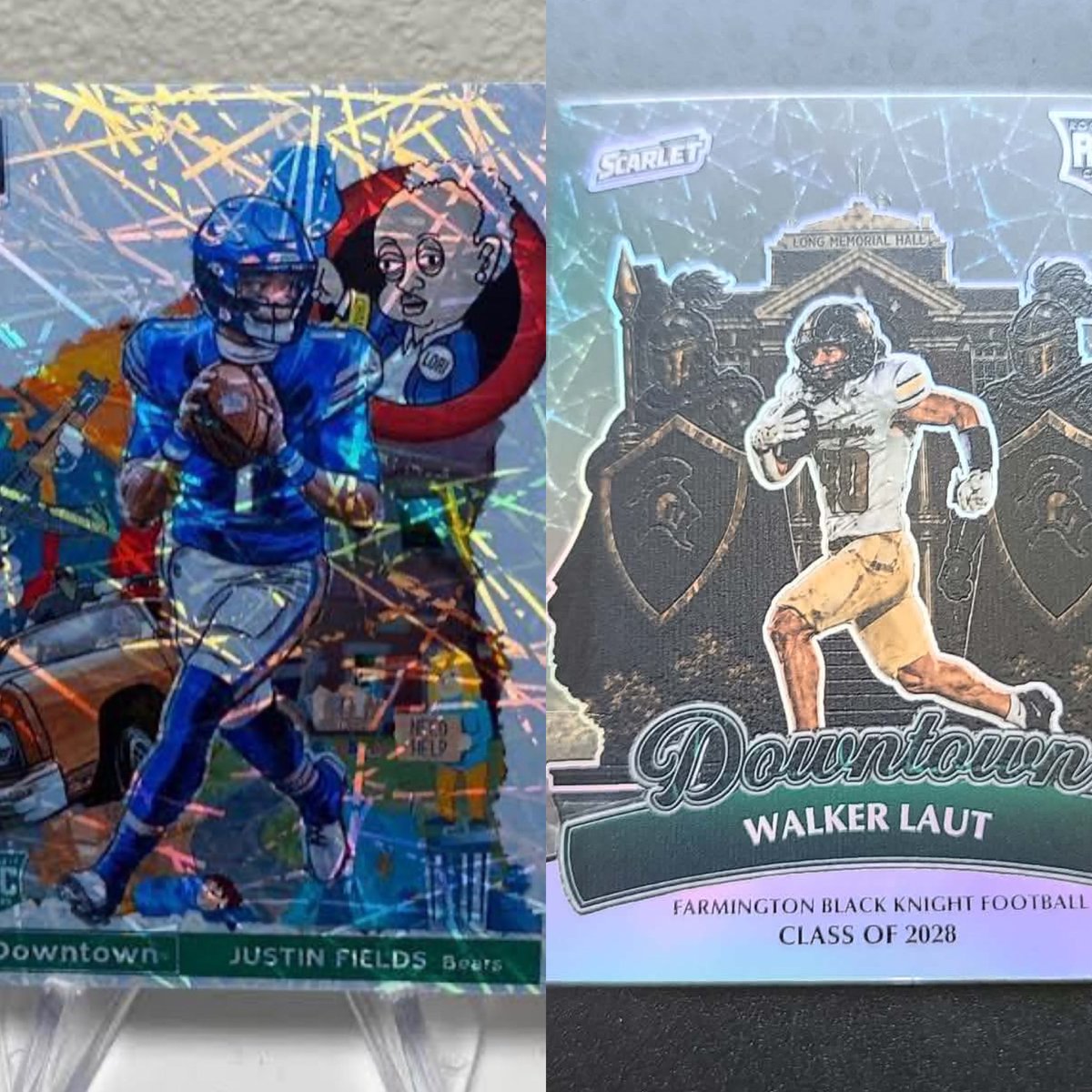 AnthonyNutter's tweet photo. Custom sports card making journey is heating up. 

Most everyone has *horrible* DIY solutions (left, not ours 😂) No true whites, glue front and back, color bleed from home printers. 

We wanted to add texture and holo at the correct places. 

We do it on one stock, front and back with no glue and true white. 

Proud of our work so far!