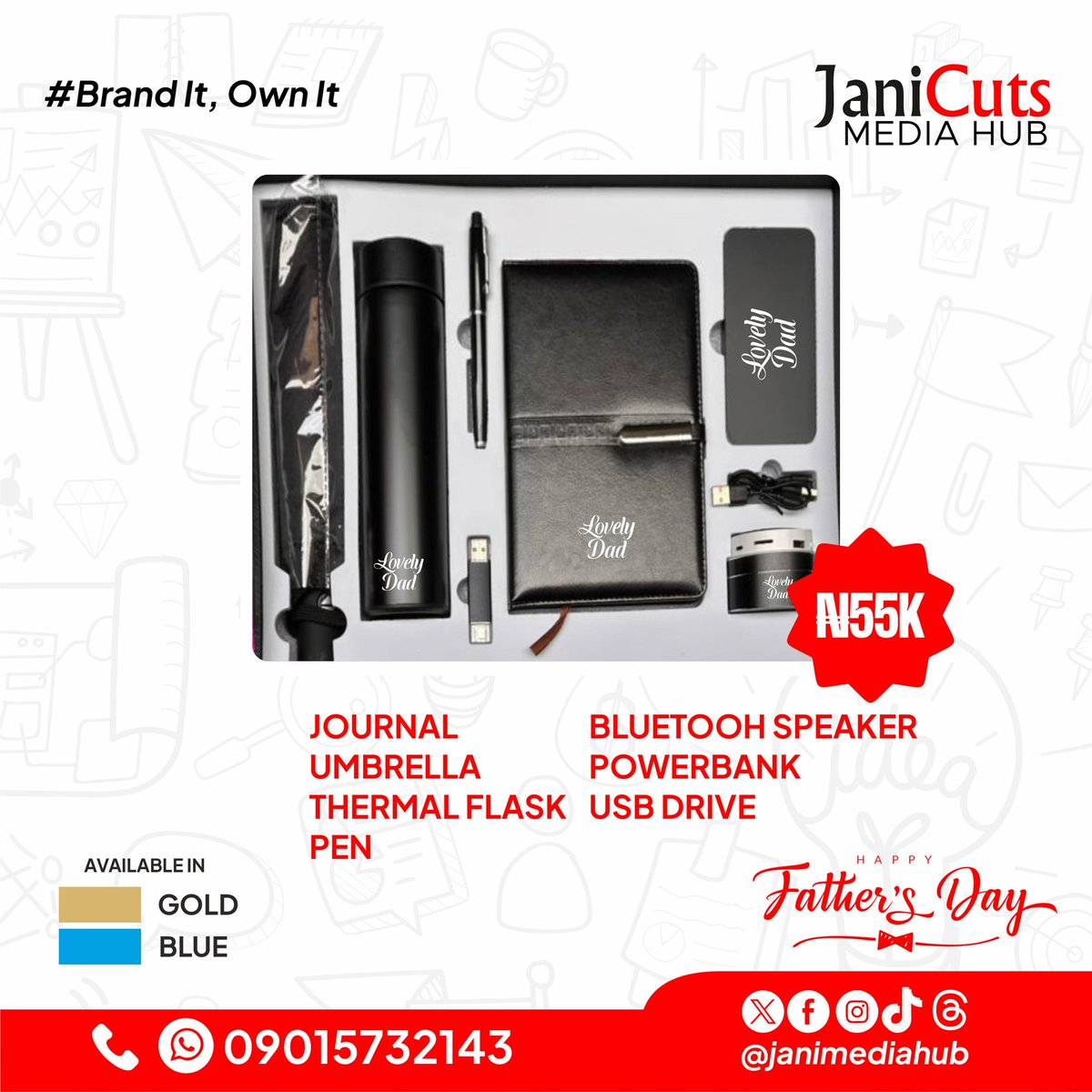 janimediahub's tweet photo. Give him the ultimate luxury experience this Father’s Day! 🎁

For ₦55,000, our premium 7-in-1 corporate gift set includes a fully customized journal, umbrella, thermal flask, pen, Bluetooth speaker, power bank, and USB drive.

Available in Gold and Blue variants.

DM us today! https://t.co/RdByEc5Ecj