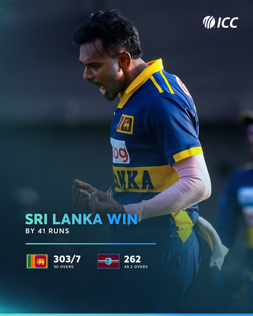 ICC's tweet photo. Sri Lanka overcome the West Indies in Jamaica to draw first blood in their ODI series 👊

Scorecard 📲 https://t.co/txZ12KhQtU https://t.co/q4YyVxHG2N