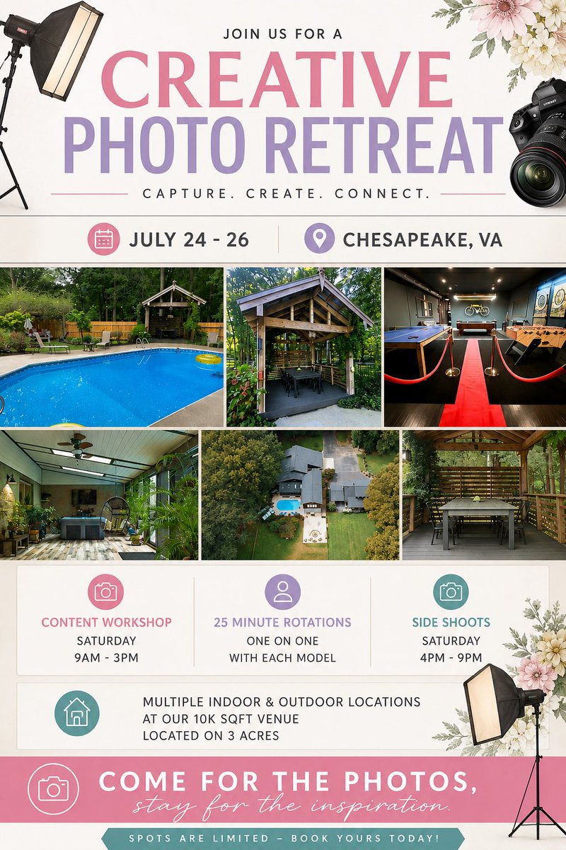 KandysEvents's tweet photo. 10,000 sqft. 3 acres. 10-12 professional traveling models. 3-5 custom built sets designed exclusively for this event. 

And somehow… this still isn’t even half of it 👀

📍Chesapeake, VA  
📅 July 24-26

#photography #photographer #model #travelmodel https://t.co/MRYEmg4gBO
