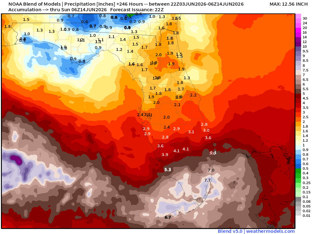 HurricaneManWx's tweet photo. South Florida could be looking at a significant soaking mid-to-late next week.

Reminder: Long-range precipitation maps change with every single model run. Don't panic about the exact numbers, but definitely prepare for a very soggy mid June setup. https://t.co/KyW4r5TaLd