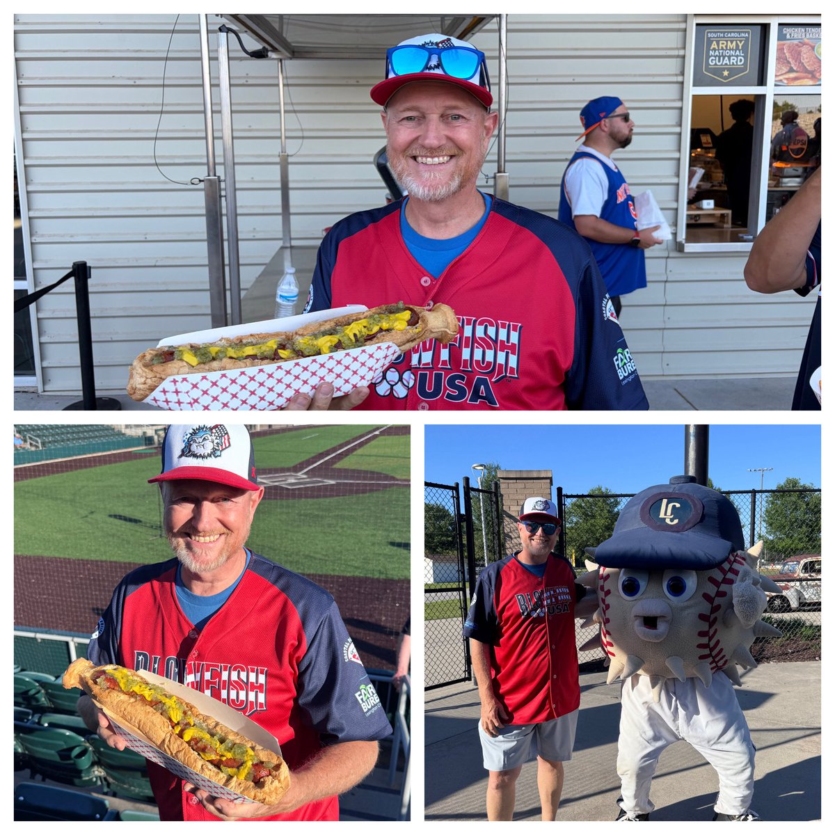 wisedrjr's tweet photo. The @GoBlowfish introduced the “Bat Bun” hot dog this week to start the season and I had to get one! This thing is massive at a full 1/2 lb of hot dog! Check out the new hats for 2026 also, including the on-field fitted I am wearing and a closer look at this years jersey! 🇺🇸 https://t.co/1NVsnhkosb