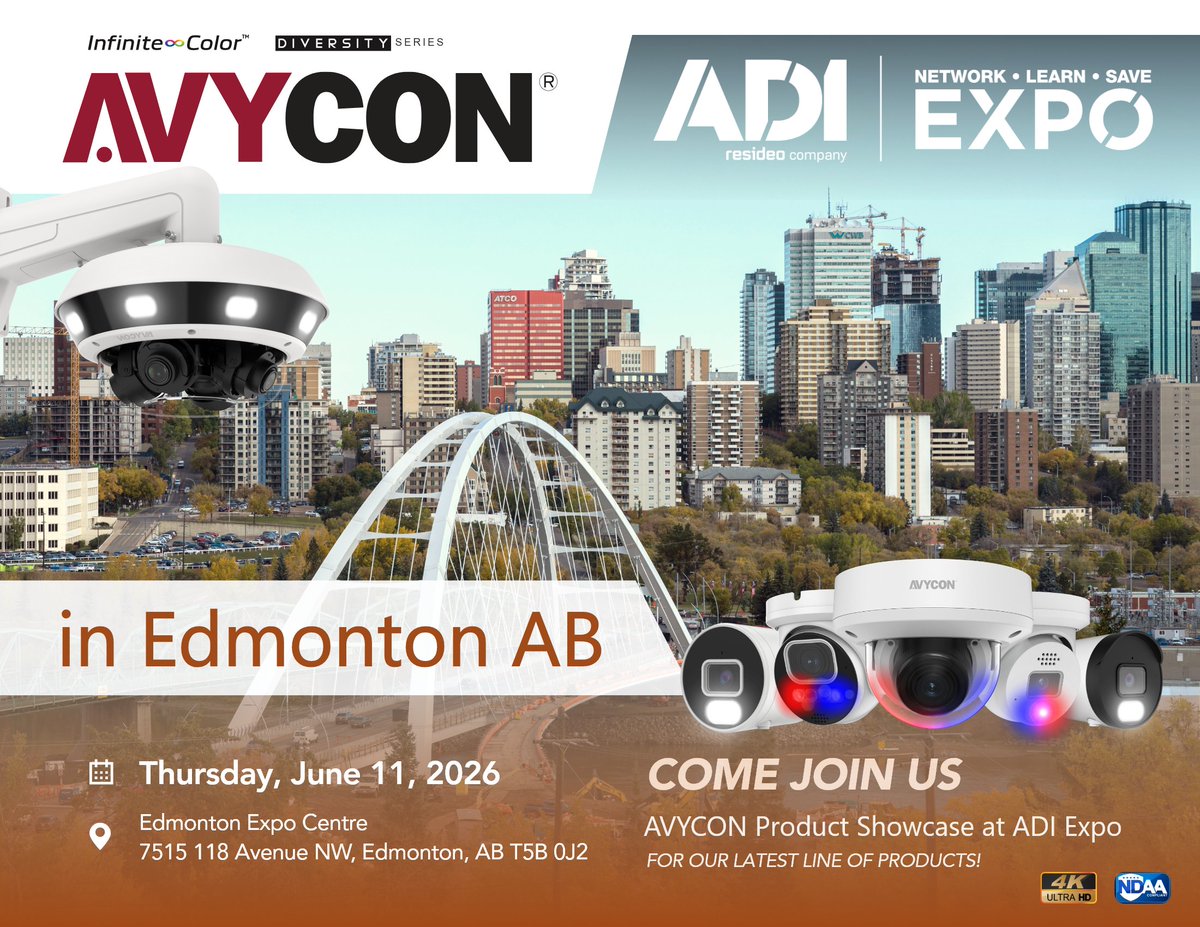 AVYCON_AIVO's tweet photo. Come join us at the upcoming @AVYCON_AIVO @ADIGlobalDist EXPO at #Edmonton, #AB - Edmonton Expo Centre (7515 118 Avenue NW, Edmonton, AB T5B 0J2) to see our demo and showcase our latest products on "Thursday, June 11, 2026 (All day)"

#surveillance #security #securitycamera https://t.co/za6RZh82yy
