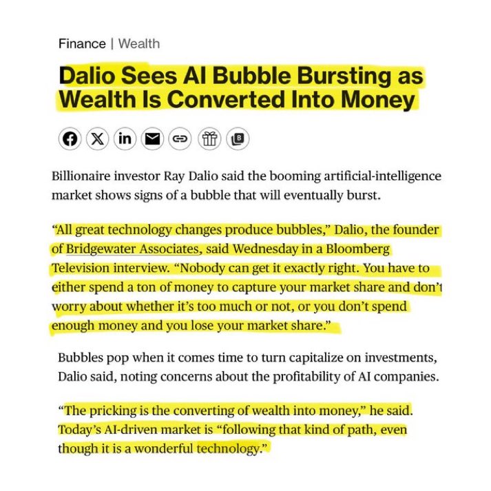 Crypto_Mario_B's tweet photo. כולם משקיעים ב AI, אבל המספרים מספרים סיפור אחר.

ריי דליו מזהיר: AI נמצא בשלב שבו הציפיות רצות לפני ההכנסות.

חברות טכנולוגיה גדולות שופכות מאות מיליארדים על תשתיות, שרתים, ענן ושבבים.

אבל ההכנסות עדיין לא סוגרות את הפער.

800 מיליארד דולר הוצאות הון על AI השנה.

OpenAI:
60 מיליארד דולר הוצאות שנתיות, 25 מיליארד דולר הכנסות.

פחות מאחוז אחד מהמנהלים מדווחים על החזר השקעה משמעותי מ AI.

95 אחוז מפרויקטי AI בארגונים לא מציגים תוצאה מדידה לפי MIT.

הביקוש שמחזיק את ענקיות הענן, מיקרוסופט, אמזון, גוגל ואורקל, מגיע מחברות שעדיין לא רווחיות כמו OpenAI ו Anthropic.

התחזית מדברת על צורך להגיע ל 2 טריליון דולר הכנסות שנתיות עד 2030. יש פער גדול בין ההשקעות לבין מה שנכנס בפועל.

דליו לא אומר שהטכנולוגיה חלשה. הוא אומר שהשוק מתקדם מהר יותר מהכלכלה שמאחוריו.