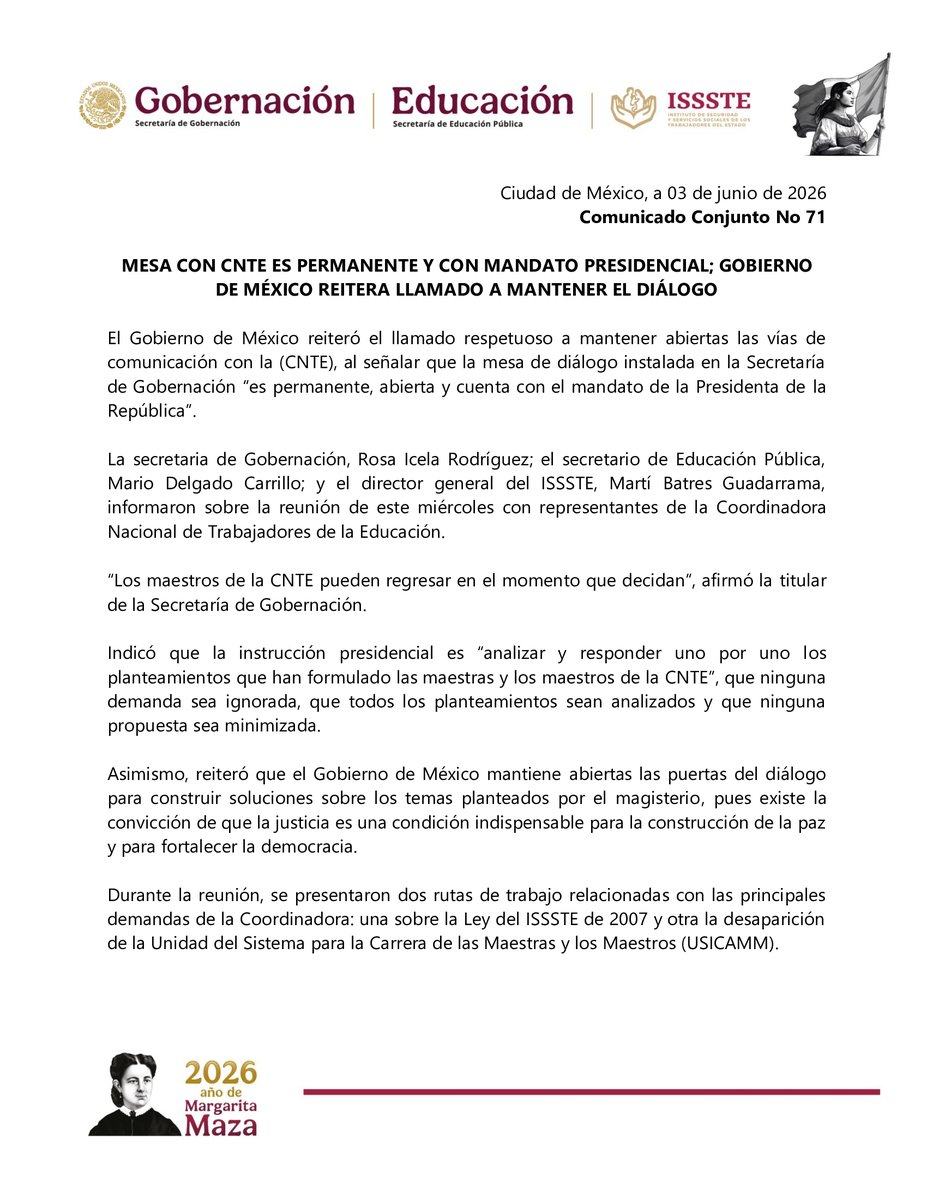 ISSSTE_mx's tweet photo. #TarjetaInformativa 📃 Mesa con CNTE es permanente y con mandato presidencial; Gobierno de México reitera llamado a mantener el diálogo. (1/3) https://t.co/8aWqiDVsLO
