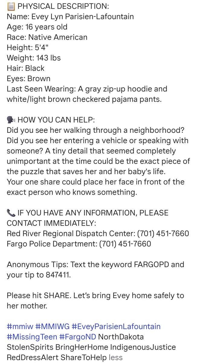 CarrieCnh12's tweet photo. MISSING INDIGENOUS TEEN, NORTH DAKOTA

16-year-old Evey Lyn, is 7 months pregnant and in need of medical care, was last seen May 20, 2026 in South Fargo, North Dakota.

If anyone has any information about her whereabouts please contact local authorities.
#Missing #MissingChild https://t.co/h5fm1u9luG