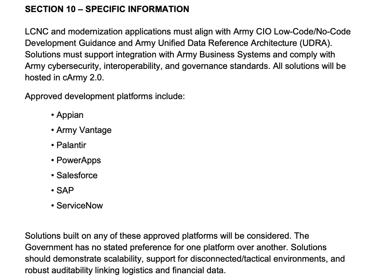 PLTRs_Palantir's tweet photo. More Palantir incoming🚨

Modernization of Logistics and Finance Business Systems (PM LOG‑FIN formerly EBS‑C) – Open and Continuous Call for Solutions (CFS)

Army Contracting Command – Rock Island (ACC‑RI). seeks innovative commercial Low‑Code/No‑Code (LCNC) and modernization solutions to support the Army Logistics and Finance communities through rapid, iterative prototyping aligned to nine Areas of Interest (AOI) representing PM LOG‑FIN Value Chains.

Approved development platforms include: 
• Appian $APPN
• Army Vantage PTFB
• Palantir $PLTR
• PowerApps $MSFT
• Salesforce $CRM 
• SAP $SAP
• ServiceNow $NOW