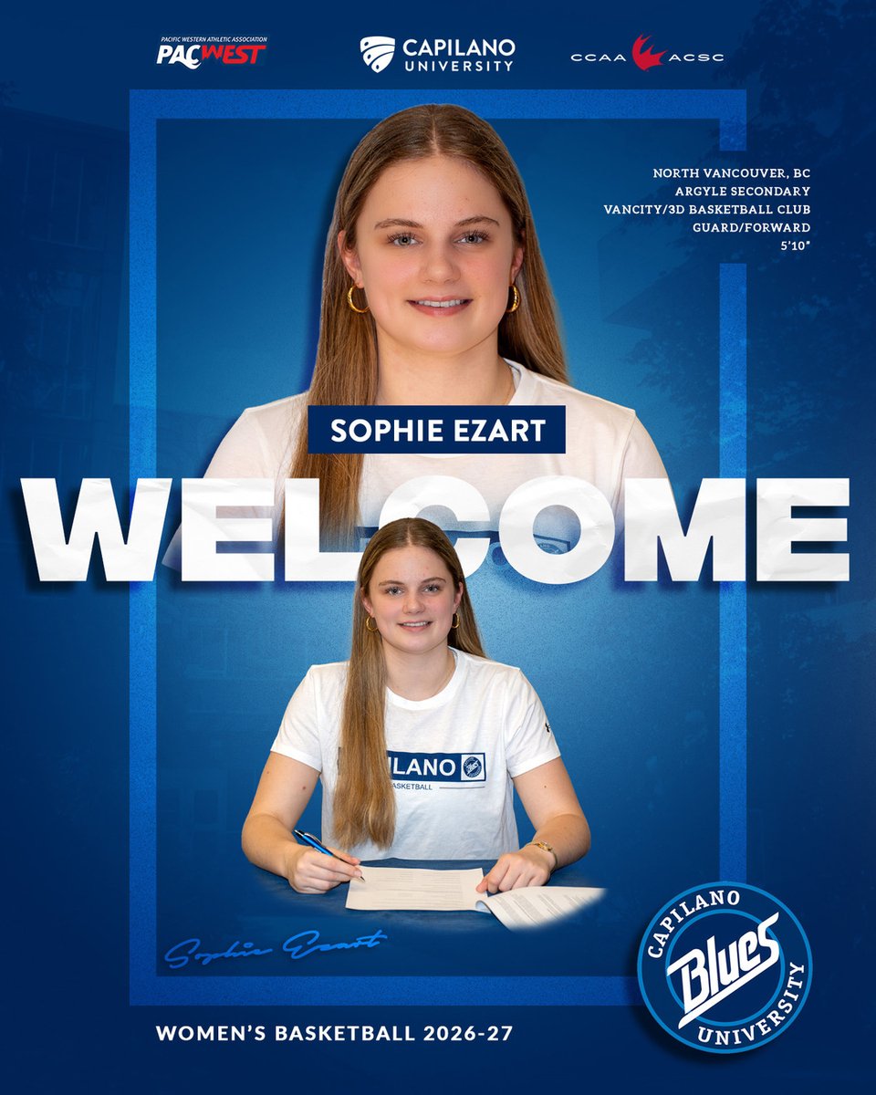 CapilanoBlues's tweet photo. The @CapilanoU Blues are happy to announce the signing of Sophie Ezart to the women's basketball team!
She is a 5'10" guard/forward from North Vancouver, BC, Argyle Secondary.
Congratulations, Sophie!
#GoBlues #BleedBlue #CapU https://t.co/Wbplu5h4k0