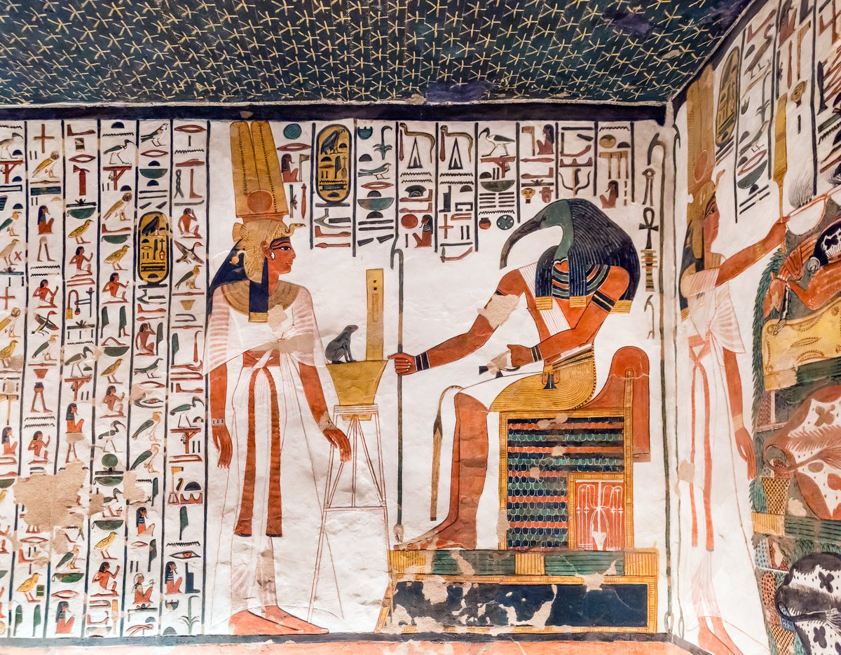 PeterBrandEgypt's tweet photo. The walls of Queen Nefertari's tomb has two basic types of decorative wall painting. Scenes of the Queen facing the gods and goddesses and other scenes showing images and magical texts from the famous Book of the Dead

The most common examples portray Nefertari interacting with Egyptian gods, often those connected with their beliefs about the afterlife.

Often she offers food, drinks, incense, or other gifts. This imagery is similar to the decoration in temples where Pharaoh himself performs these offering rituals. The tomb images reflect Nefertari's privilege, influence, and favor with her husband Ramesses II who made this tomb for his wife.

She also worshiped the gods in scenes from the temple Ramesses built for her at Abu Simbel in ancient Nubia 

Pictures
1 Nefertari worshiping the ibis-headed god Thoth

2 the falcon headed god Horus leads the Queen holding her hand

3 She makes food and wine offerings to the goddess Hathor 

4 from her temple at Abu Simbel,  a wall carving shows Nefertari worshiping the goddess Anuket who has a crown of ostrich feathers

#Egypt #archaeohistories