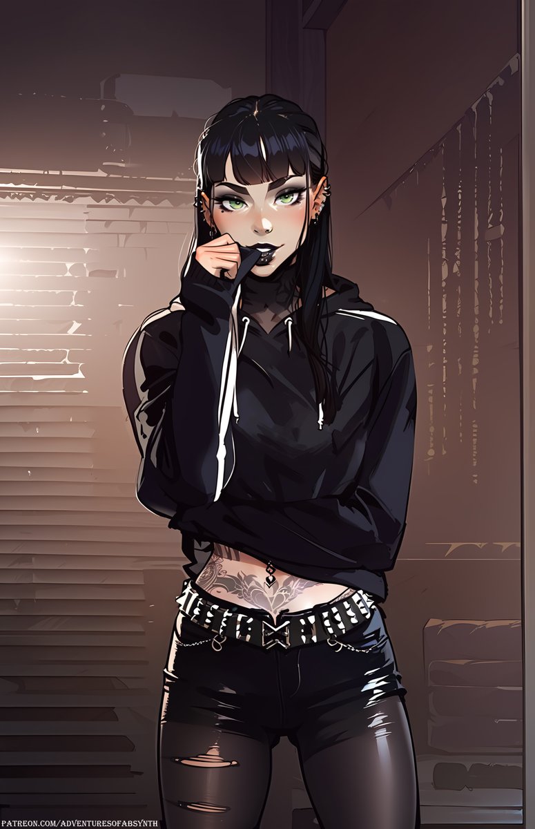 AoAbsynth's tweet photo. Today's #ootd is a casual hoodie, black shorts, ripped leggings, and adidas sneakers. Pair that with a hungry look for whoever she's staring at. #TheAbsynthCollection #synthart #aiartcommunity #fashionai https://t.co/DeVWJHQFDm